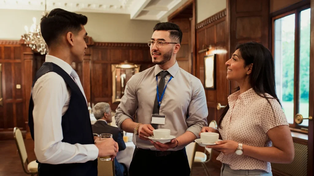 Three people in conversation